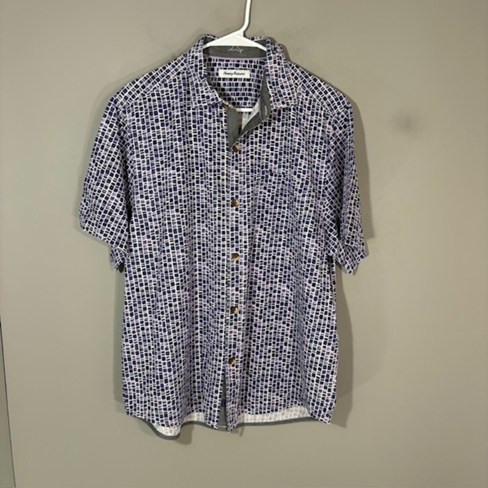 Tommy Bahama Shirt Mens Large Purple Geometric Silk Short Sleeve Button Up